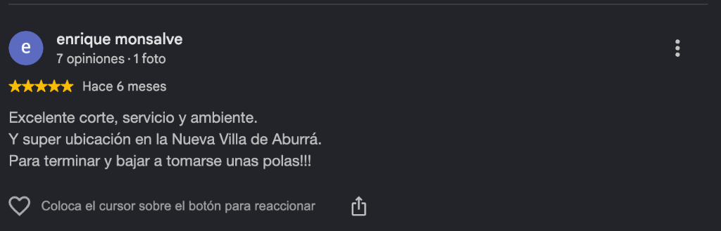Opinión de Enrique Monsalve en Google: Excelente corte, servicio y ambiente en la Nueva Villa de Aburrá