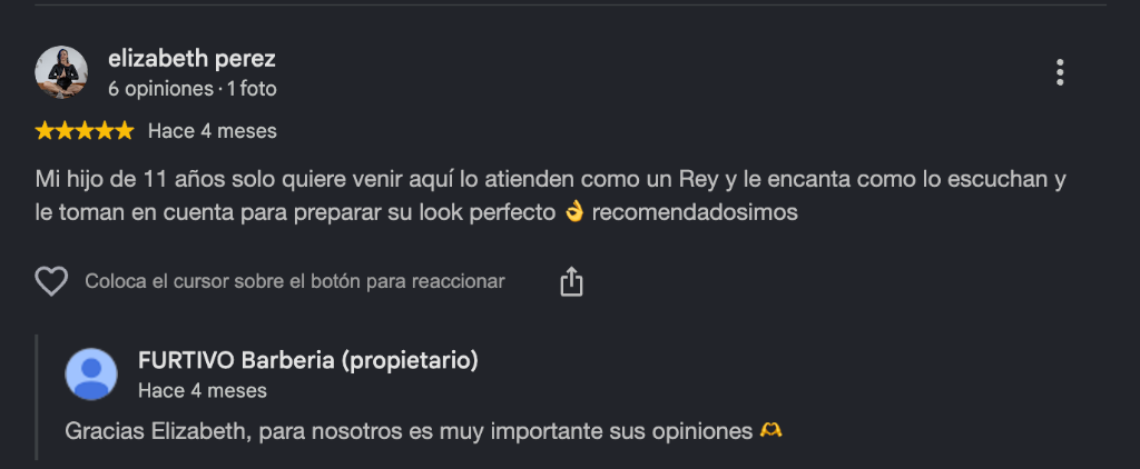 Opinión de Elizabeth Pérez en Google Maps destacando la atención a su hijo