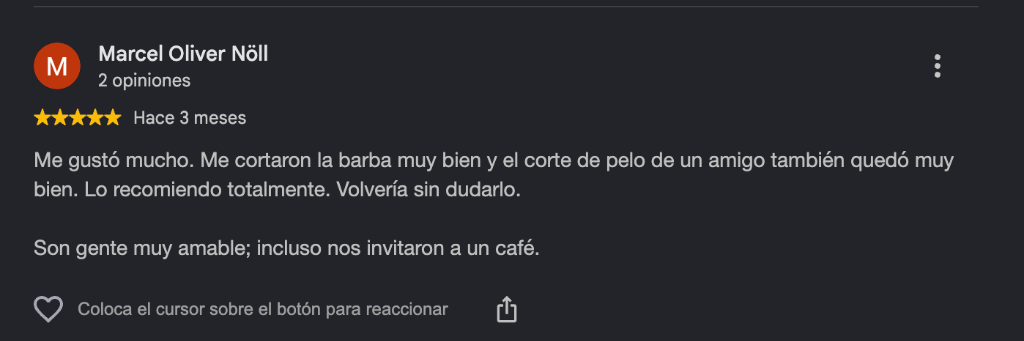 Opinión de Marcel Oliver Nöll en Google Maps recomendando Furtivo